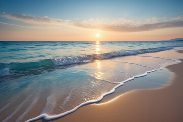 Obraz premium Serene sunset over tranquil sea waves gently washing onto sandy beach. Bright light of setting sun reflected on water's surface, peaceful and calming atmosphere. For travel, nature, relaxation themes
