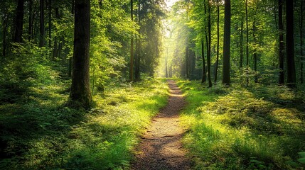 Obraz premium Sunlit Forest Path: A winding path through a serene forest, bathed in the golden light of the morning sun. The lush greenery and dappled sunlight create a sense of tranquility and wonder. 