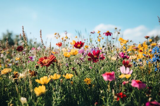 Fond d'&eacute;cran champ de fleurs sauvages multicolores sous ciel bleu

