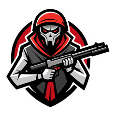  A formidable figure, shrouded in shadow and armed with a powerful firearm, stands ready for action against a stark backdrop, embodying strength and stealth.