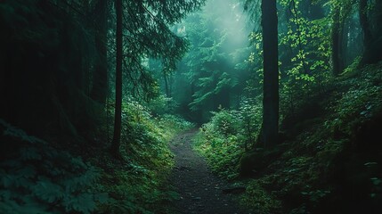 Misty Forest Path: A solitary figure ventures down a mysterious path, shrouded in an ethereal mist, through a lush, verdant forest. The scene evokes a sense of wonder, tranquility, and the unknown. 