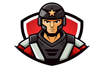 A strong and determined soldier, depicted in a stylized illustration, sports a futuristic helmet adorned with a star emblem, set against a bold red and black shield.