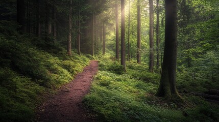 Obraz premium Path to the Unknown: A sunbeam illuminates the path ahead, beckoning you through a lush, green forest. The air is thick with mystery, inviting you to explore the secrets that lie beyond the trees. 