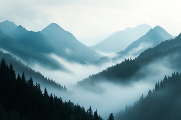 Fond d'écran montagnes enveloppées de brume avec forêt sombre en premier plan

