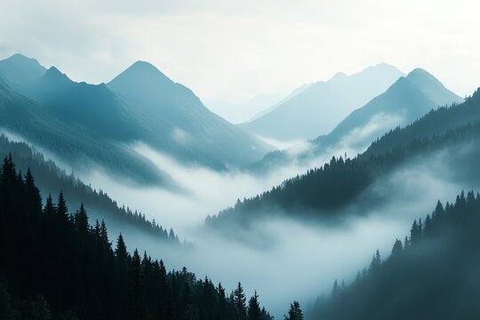 Fond d'&eacute;cran montagnes envelopp&eacute;es de brume avec for&ecirc;t sombre en premier plan

