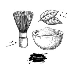 Matcha tea vector drawing. Bowl with matcha powder, green tea leaves, and bamboo whisk sketch. 