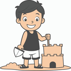 Boy Playing Game Outline Vector Illustration | Minimalist Line Art on White Background