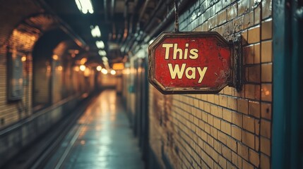 An old, rustic subway corridor with an illuminated, vintage This Way sign, showcasing the charm and history of urban transportation infrastructure