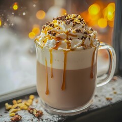hot chocolate/cacao/coffee topped with whipped cream and caramel drizzle, with chocolate sprinkles and crushed nuts, all set against a snowy winter background