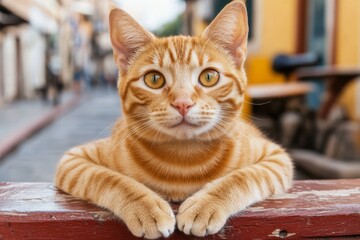 街の風景の中でリラックスしているオレンジ色の猫の近くでの穏やかなひととき