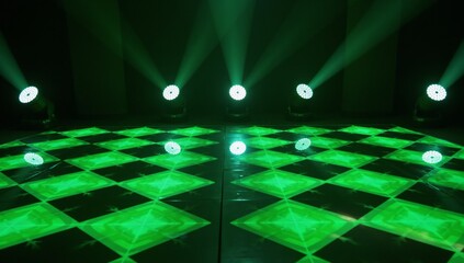 Vibrant dynamic stage setting with green lights and reflective geometric patterns for events or...