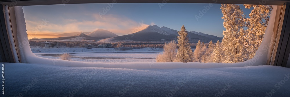 Poster a window view of a snowy landscape with mountains in the background. the snow is piled up on the gro