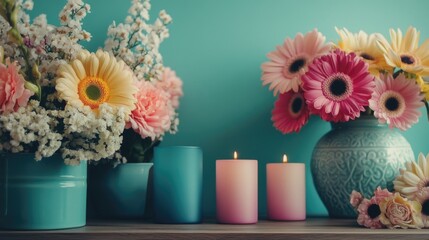 Fototapeta premium Colorful Flower Arrangement with Candles