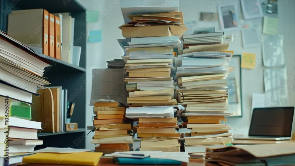 Poster organizing cluttered office managing stacks of paperwork and files in busy workspace to tackle overw
