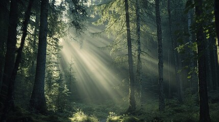 Sunlight Dappled Forest:  A serene and mystical forest scene, bathed in the ethereal glow of sunlight filtering through the dense canopy of trees.