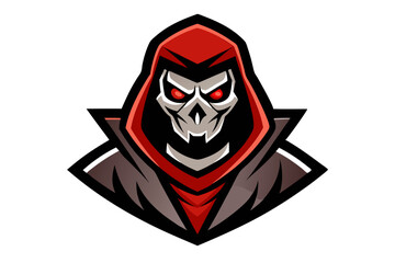 Creepy cartoon character, stitched smile, glowing red eyes, burlap texture, tan color, red background, hexagon shape, Halloween mascot, spooky illustration, vector art style, sinister grin, horror-the