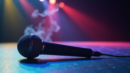 Obraz premium Microphone stands alone against a backdrop of colored lights and smoke onstage