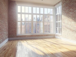 Fototapeta premium A room with a brick wall and a large window