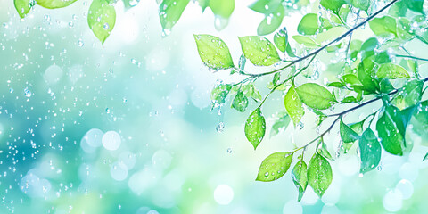Leafy tree branch with raindrops on it. Concept of freshness and renewal, as the rain nourishes the leaves and brings new life to the tree. The bright green color of the leaves