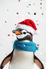Naklejka premium A penguin wearing a red hat and blue scarf stands in front of a white background. The penguin appears to be celebrating Christmas, as it is wearing a Santa hat. The scene is lively and festive