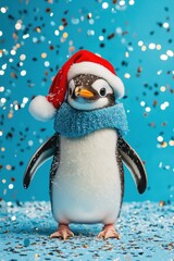 Fototapeta premium A penguin wearing a red hat and a blue scarf stands on a blue background. The penguin is the main focus of the image, and the hat and scarf add a festive touch to the scene