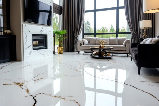 salon moderne avec sol en marbre blanc