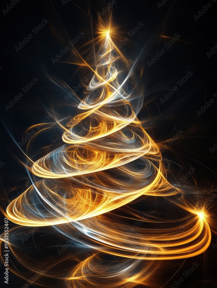 Poster an abstract christmas tree created from swirls of golden and silver light, glowing vibrantly against
