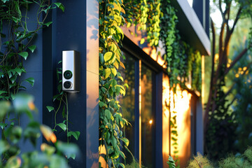 Smart security camera mounted on a modern house exterior, surrounded by lush green plants and bathed in warm sunlight