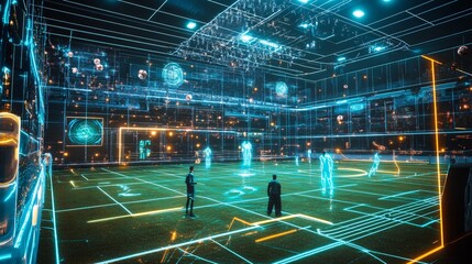 Futuristic sports field with neon lights and digital elements.