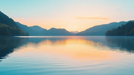 Serene Sunset Over Still Water: A breathtaking panorama of a tranquil lake, reflecting the warm hues of a setting sun, with majestic mountains silhouetted against a sky awash in pastel shades.