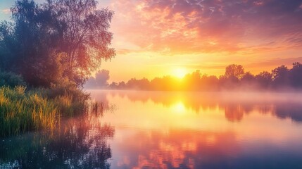 Obraz premium Sunrise Serenity: Misty River at Dawn 