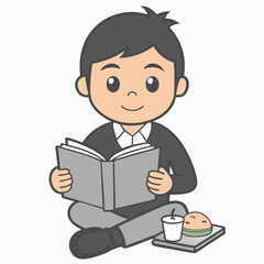 Boy Reading Book Outline Vector Illustration | Minimalist Line Art on White Background