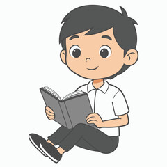 Boy Reading Book Outline Vector Illustration | Minimalist Line Art on White Background