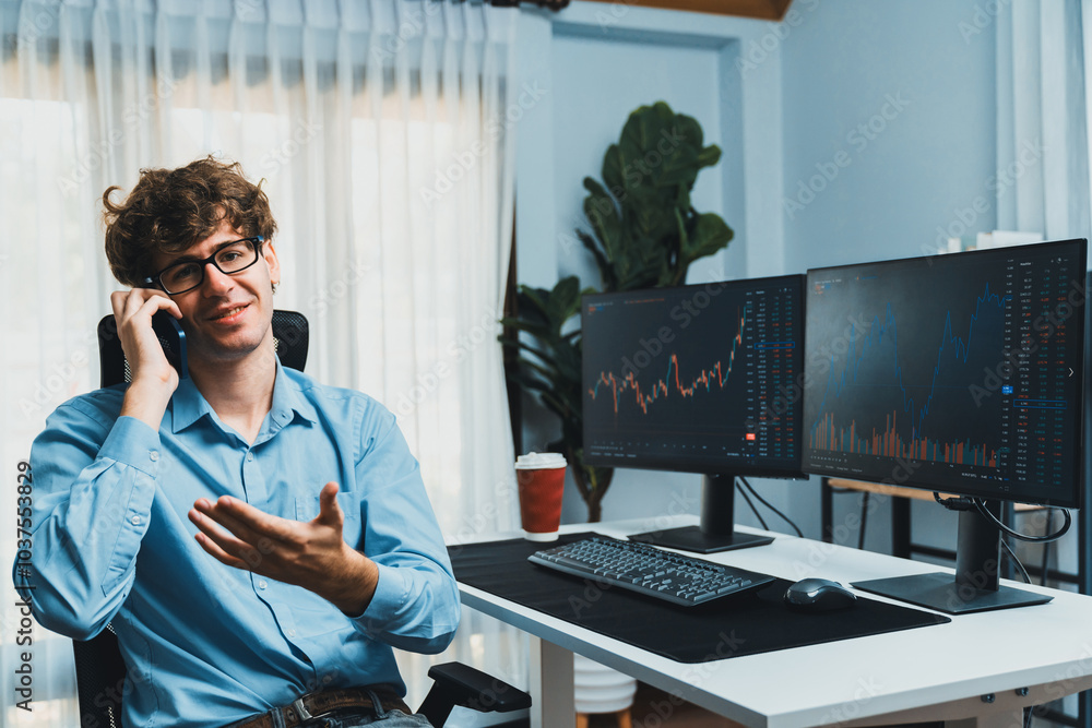 Poster profile of smiling young stock trader with curly hair looking at camera while calling to trader agai
