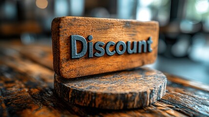 Rustic wooden discount sign showcased on a wooden table in a retail or dining setting highlighting a special offer or promotion