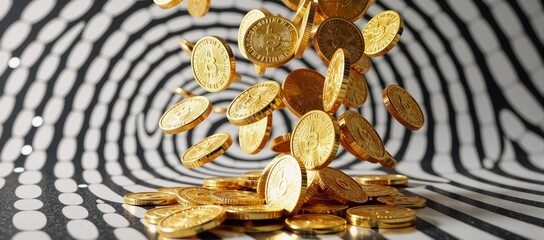 Digital abstract art showcases golden coins falling within a binary code backdrop