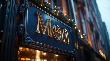 Elegant shopfront sign for a men's store decorated with festive lights in a vibrant city street during the holiday season in the evening
