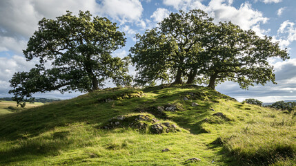 A hill with ancient oak trees, providing shade and shelter for wildlife.