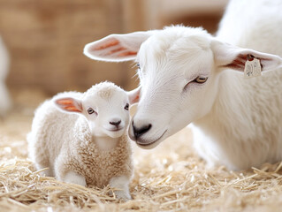 Obraz premium White goat gently nuzzling its newborn kid in a barnyard setting