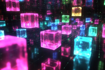 Fond d'&eacute;cran, Cubes brillants flottants avec effets de lumi&egrave;re et reflets
