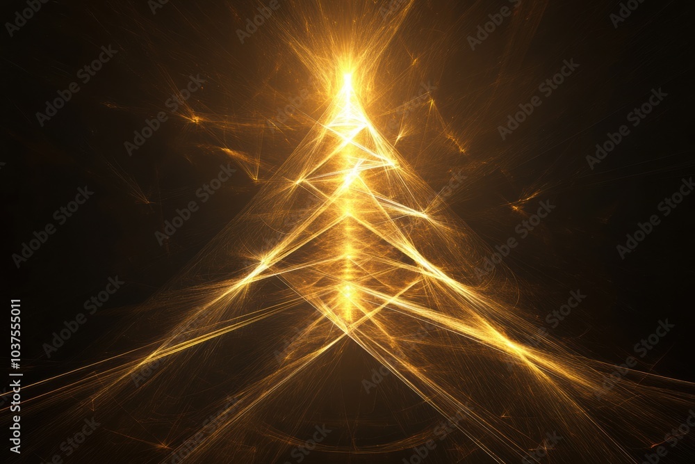 Poster an abstract depiction of a christmas tree glows with golden rays, creating a festive atmosphere in a