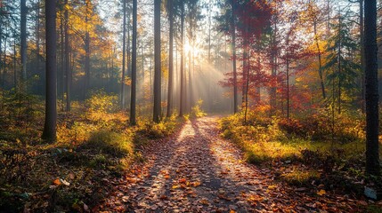 Obraz premium Autumn Forest Path: A picturesque forest path, bathed in the golden light of the setting sun, invites exploration. Sunlight streams through the trees.