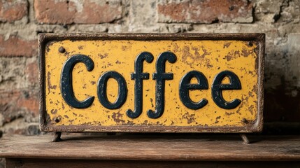 Fototapeta premium A rustic yellow vintage sign with the word Coffee in bold black letters against a weathered brick background, evoking a cozy, nostalgic ambiance