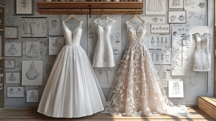 A display of elegant wedding dresses against a backdrop of fashion sketches.