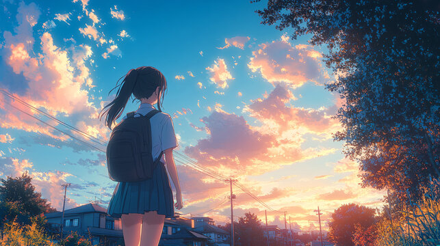 Simple anime illustration of a schoolgirl walking home in soft pastel colors, creating a calm and relaxing mood. Suitable for anime art, daily life illustrations,...