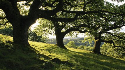 Fototapeta premium A hill with ancient oak trees, providing shade and shelter for wildlife.