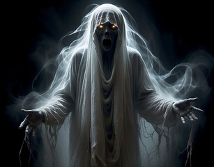 Tall and scary ghost with long hair, that looks like a zombie, walking in the night