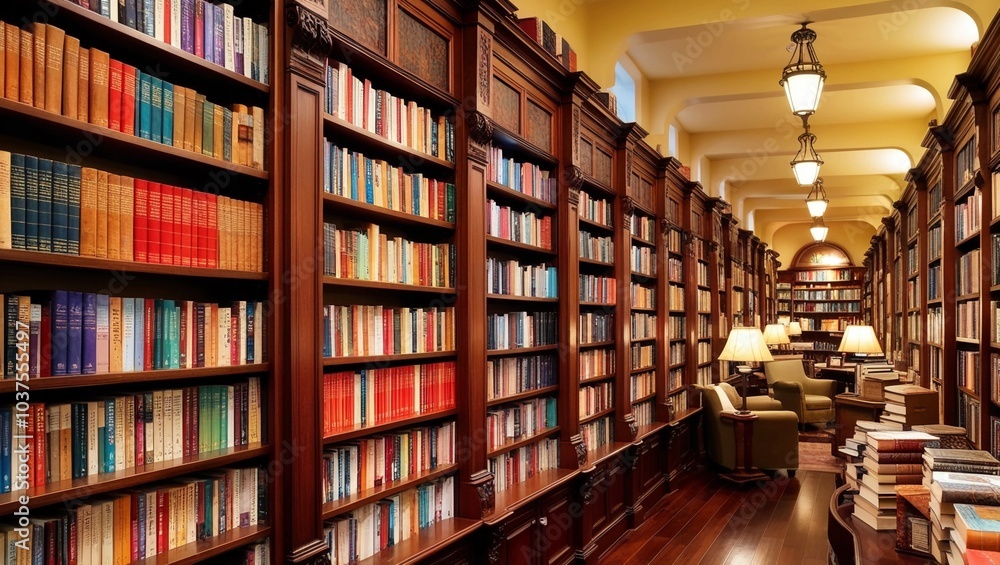 Poster rows of books on shelves in a bright bookstore colorful collection of books in a warm and cozy readi