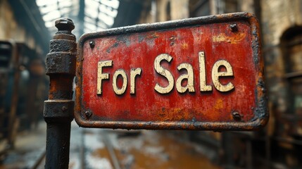 Rusty For Sale sign in an old, abandoned industrial building with a deteriorated interior and natural lighting from a skylight window