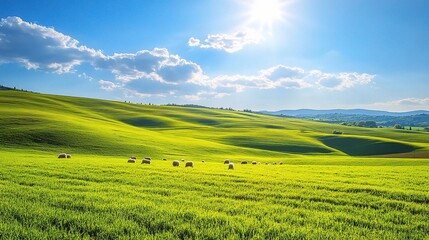 Obraz premium Sun-Drenched Serenity: A serene landscape unfolds, a vast expanse of rolling hills bathed in golden sunlight, dotted with sheep grazing peacefully.